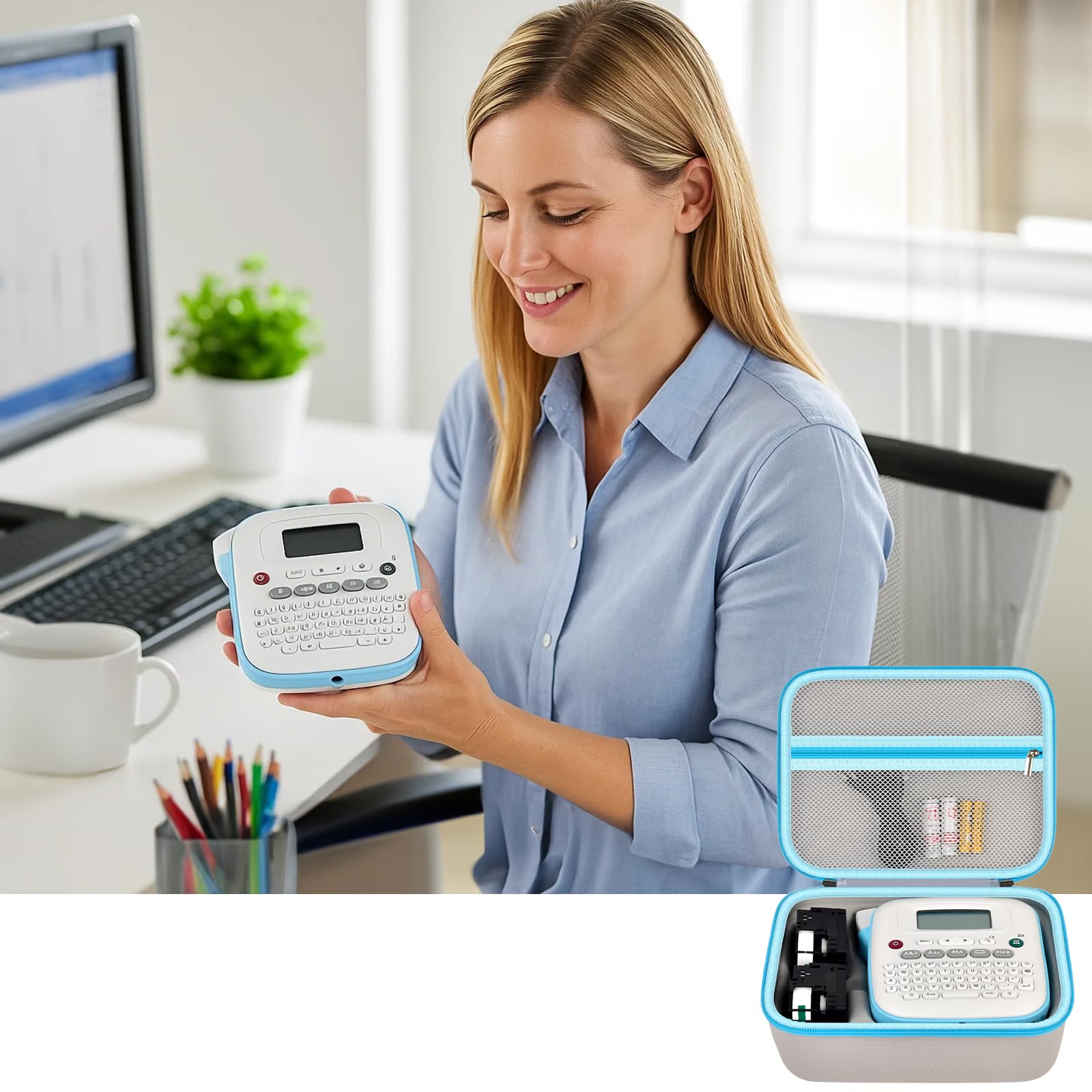 Office worker holding a compact label maker with its gray and blue carrying case