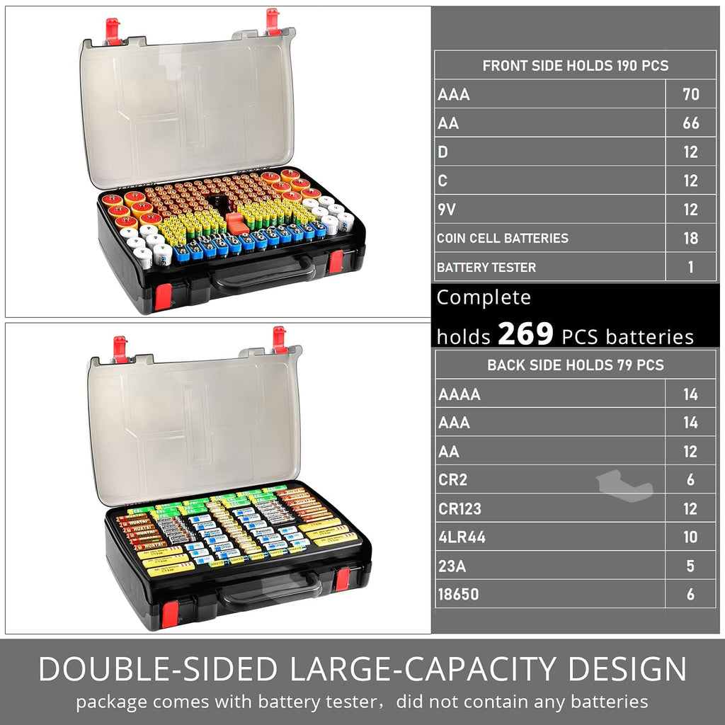 Black with red handle 269-slot battery organizer case capacity chart for 269 battery slots
