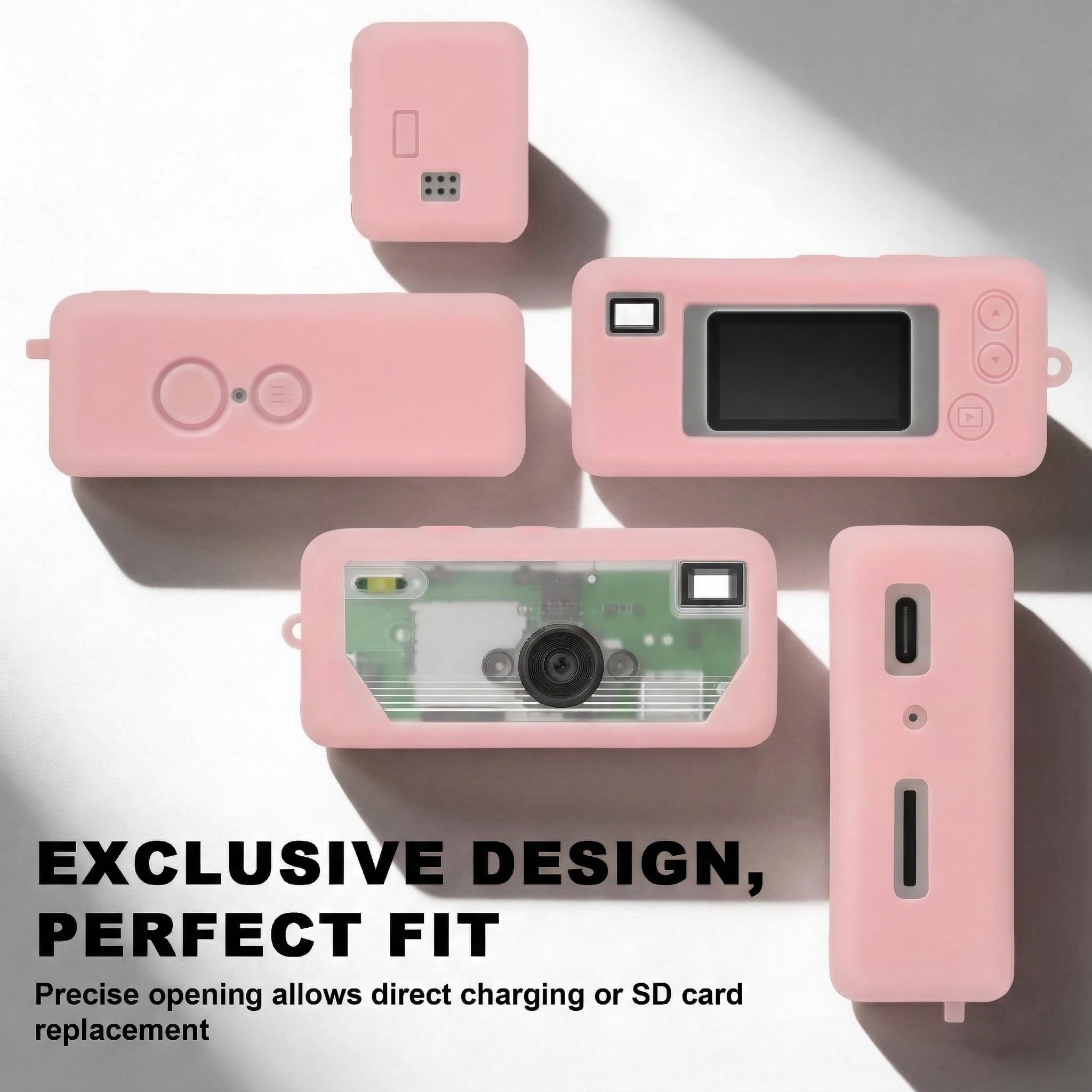 Light pink silicone case for Kodak Charmera keychain camera precise-fit design shown from multiple angles
