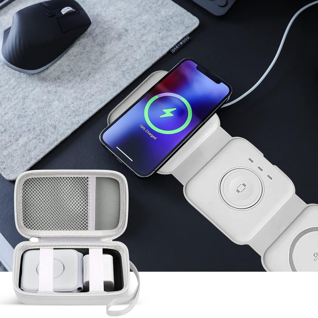 Open white organizer beside a foldable magnetic charging station in use on a desk