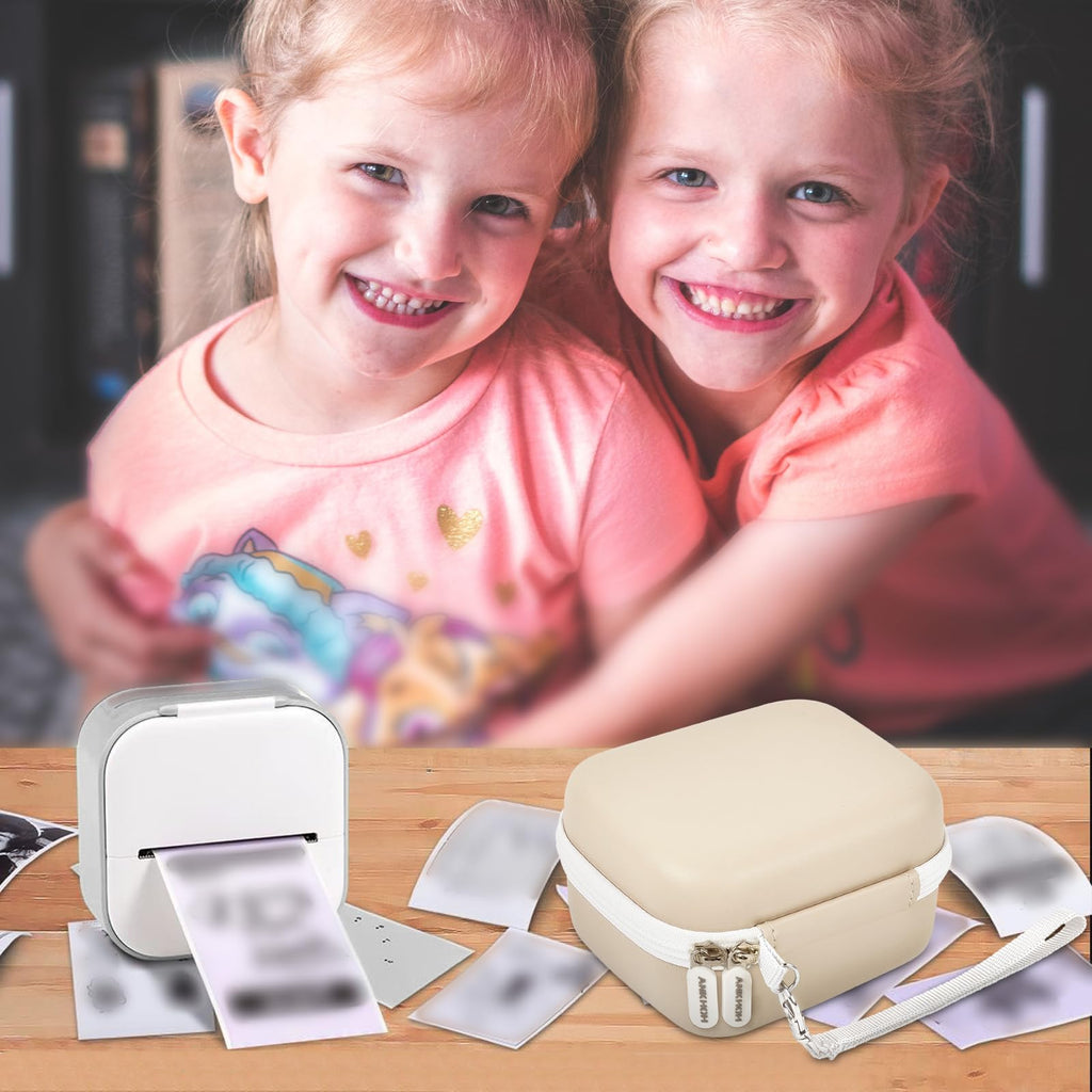 Children using a mini label printer beside the beige carrying case