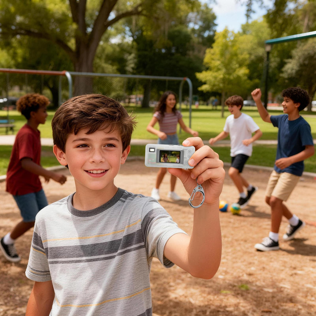 Clear white silicone case for Kodak Charmera keychain camera shown with a child using the keychain camera outdoors
