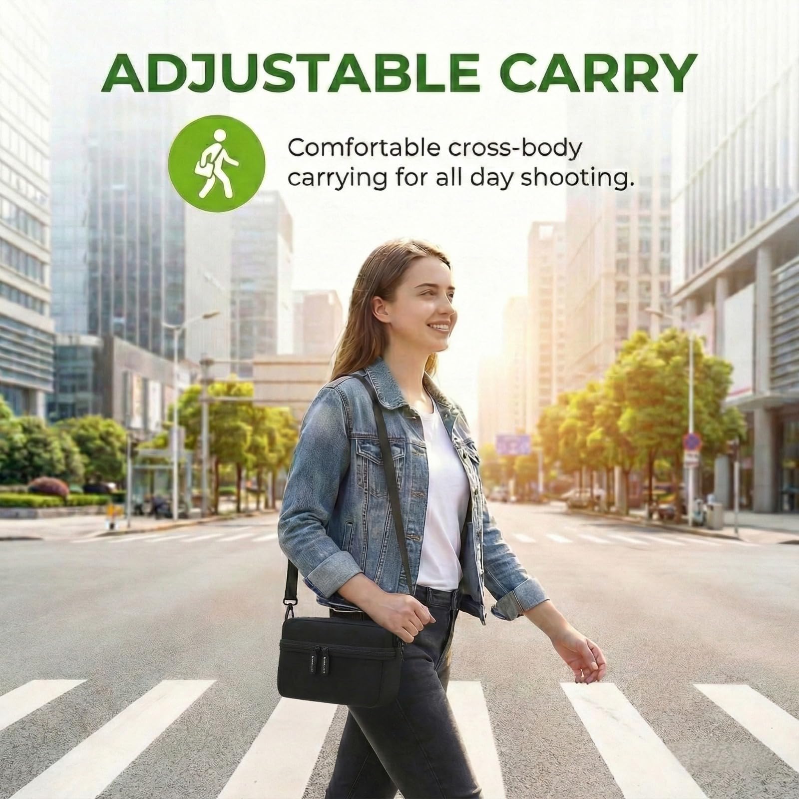 Woman carrying the black camera case with an adjustable crossbody strap