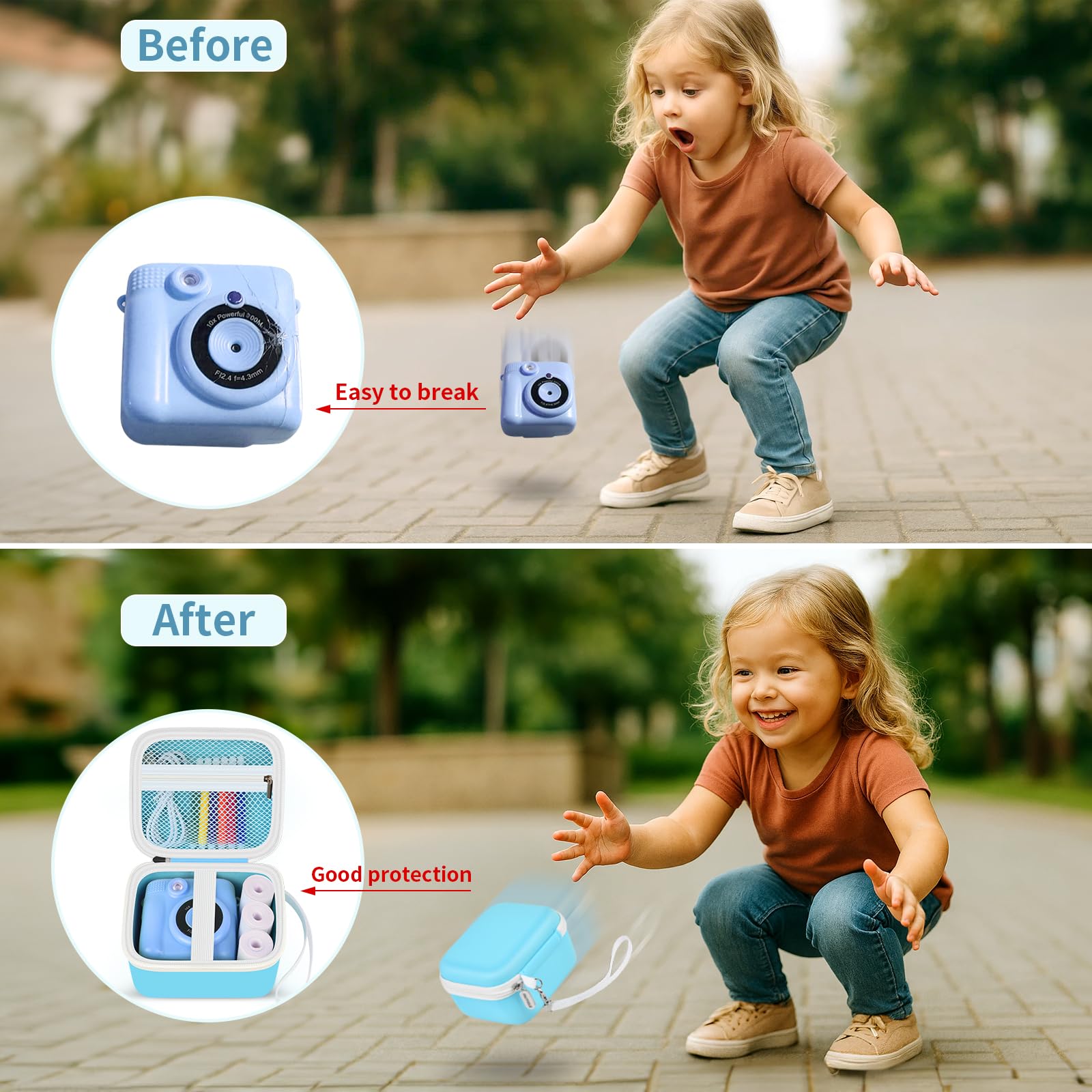 Blue bear-shaped kids instant print camera case before-and-after storage comparison