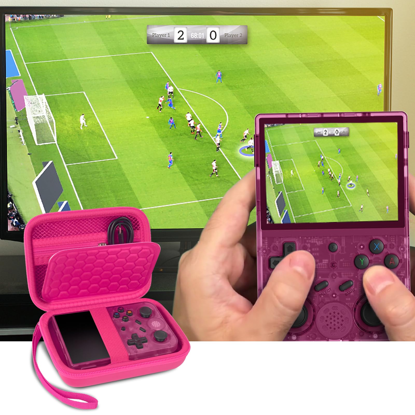 Pink retro handheld console carrying case shown open beside a handheld console during gameplay
