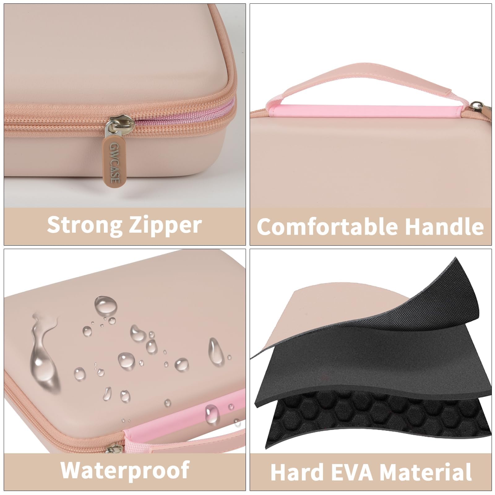 Pink jewelry case with strong zipper, handle, water-resistant shell, and hard EVA construction