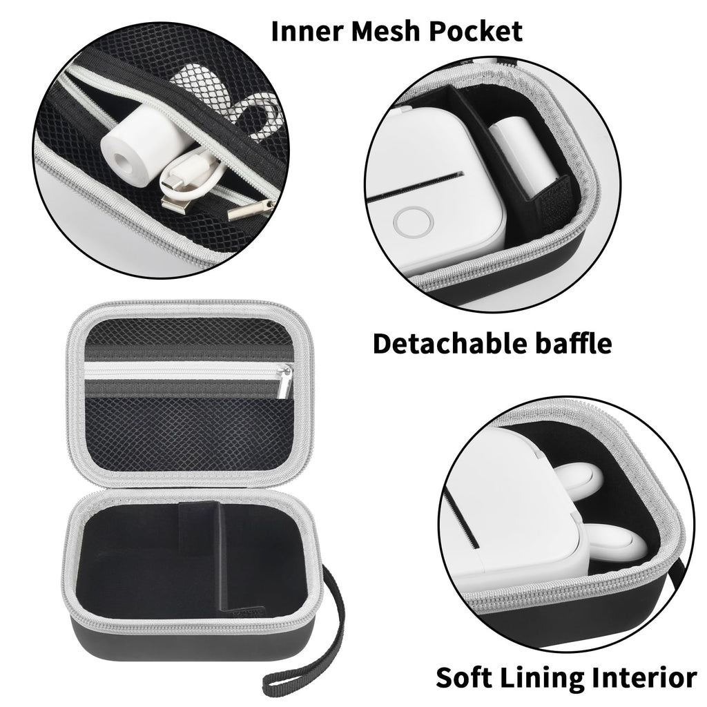 Black label maker case interior with mesh pocket, removable divider, and soft lining
