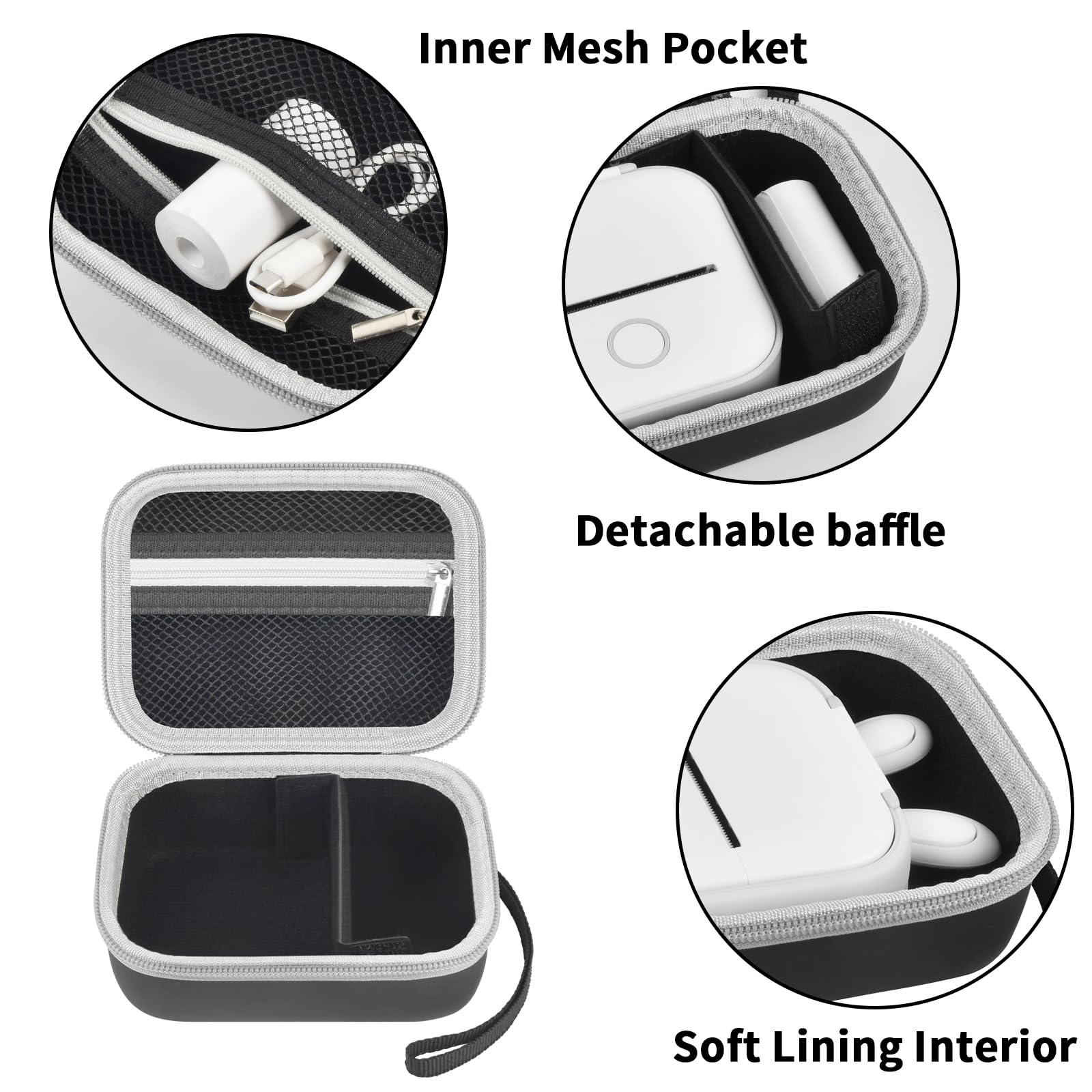 Black label maker case interior with mesh pocket, removable divider, and soft lining