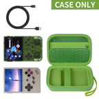 Green retro handheld console carrying case shown open with compatible retro handheld consoles and cable