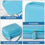 Teal camera case interior with elastic strap, mesh pocket, foam insert, and shock-absorbing padding