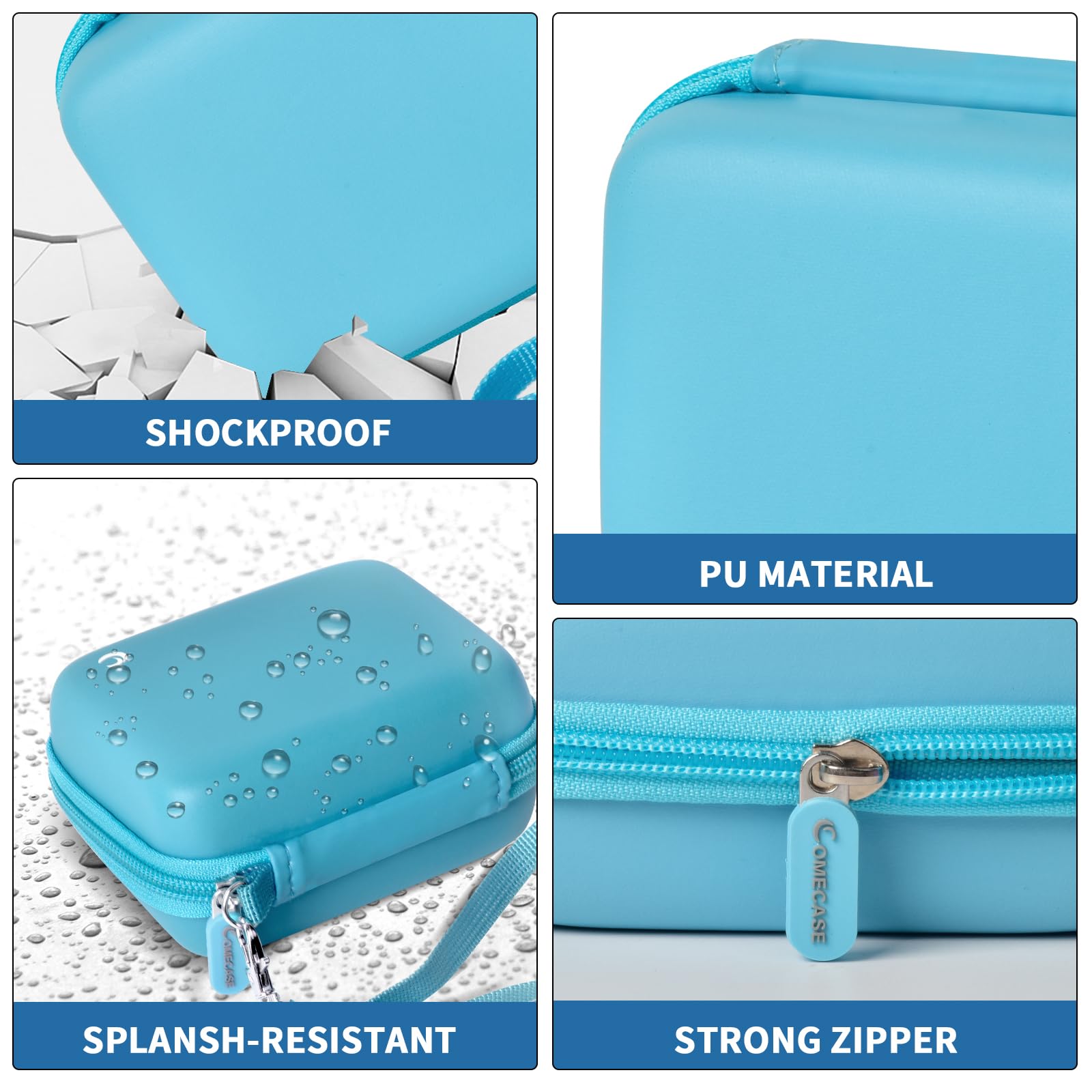 Teal camera case interior with elastic strap, mesh pocket, foam insert, and shock-absorbing padding