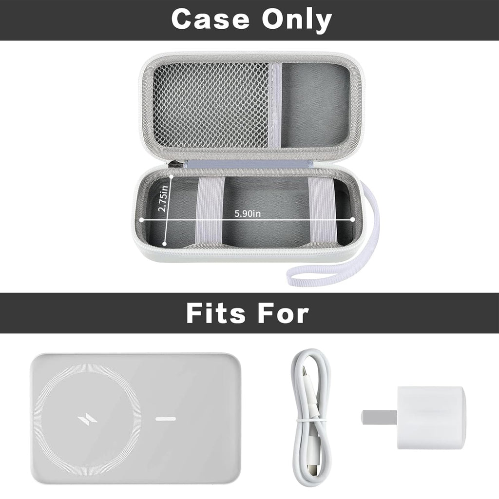 Open white MagSafe power bank case with mesh pocket and elastic retaining straps; case only