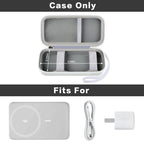 Open white MagSafe power bank case with mesh pocket and elastic retaining straps; case only