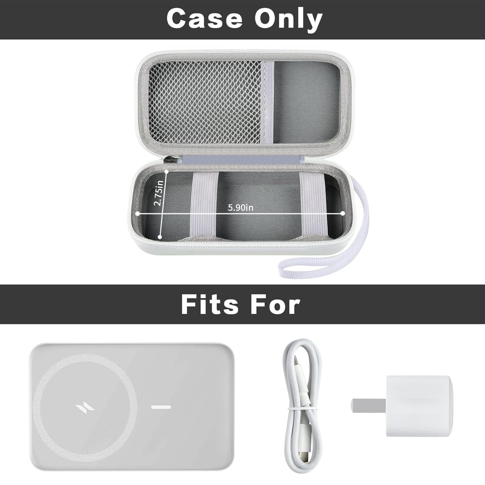 Open white MagSafe power bank case with mesh pocket and elastic retaining straps; case only