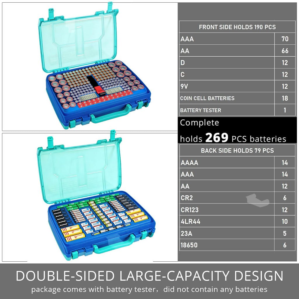 Turquoise blue 269-slot battery organizer case capacity chart for 269 battery slots