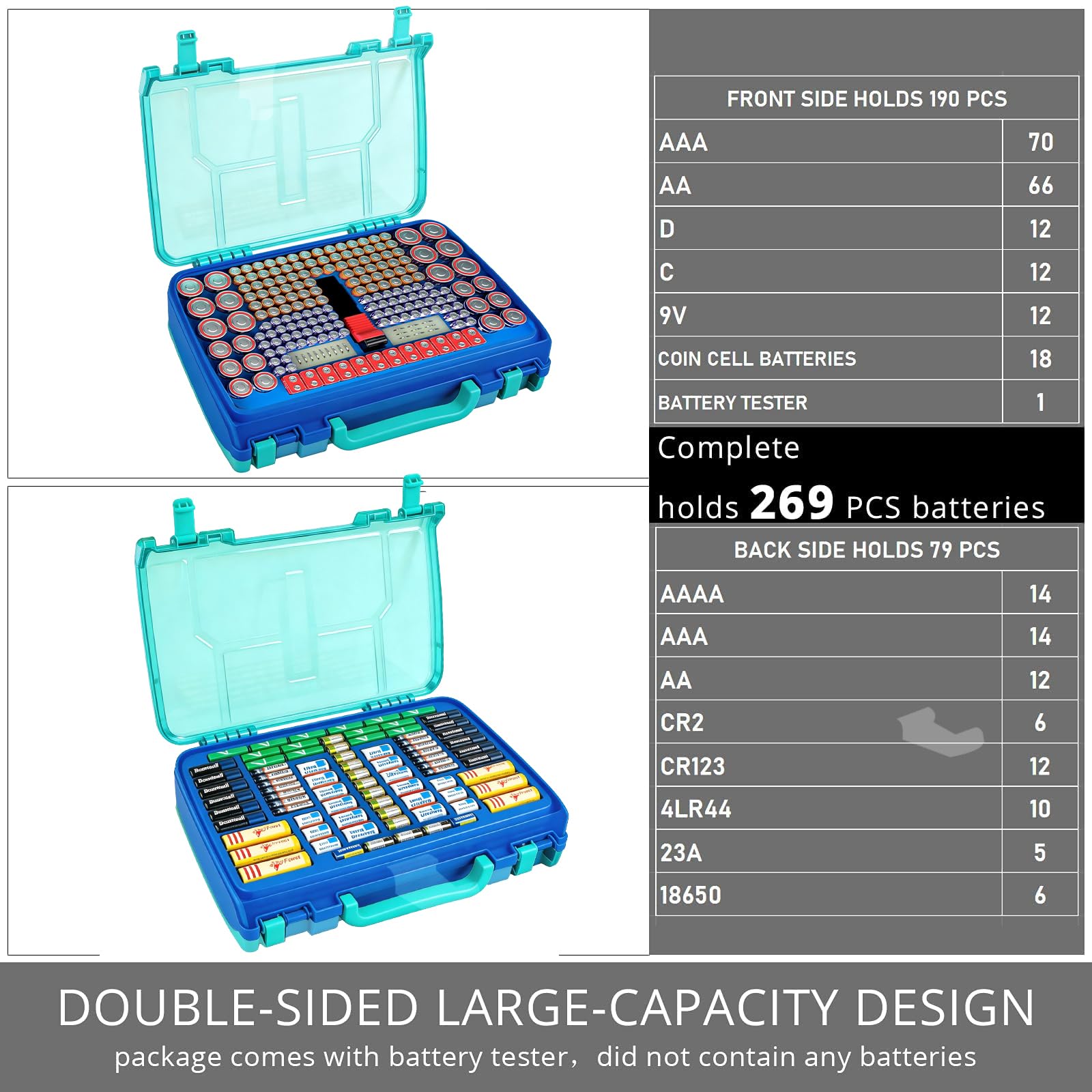 Turquoise blue 269-slot battery organizer case capacity chart for 269 battery slots