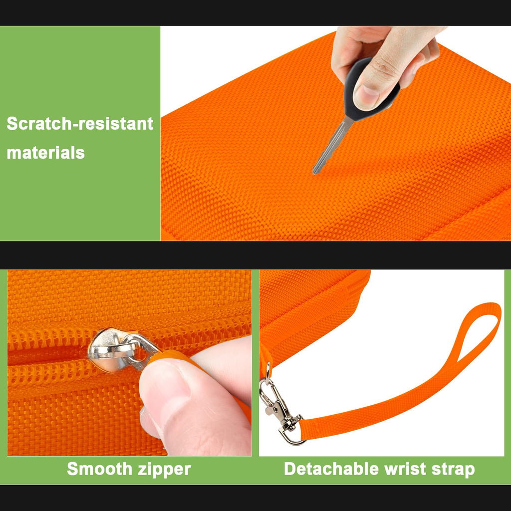 Orange protective digital camera case scratch-resistant shell, zipper and wrist strap detail