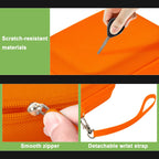 Orange protective digital camera case scratch-resistant shell, zipper and wrist strap detail