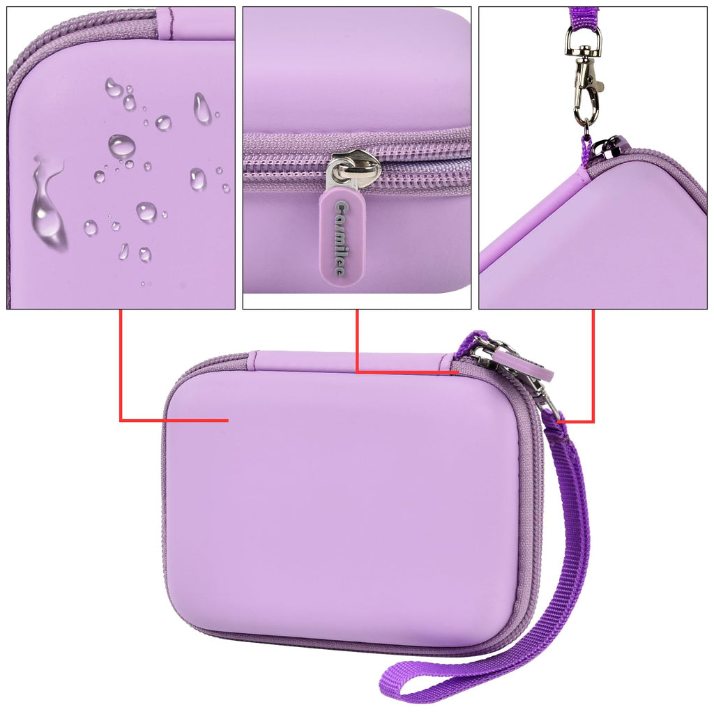 Lavender mini power bank case with protective shell, zipper, and carabiner details