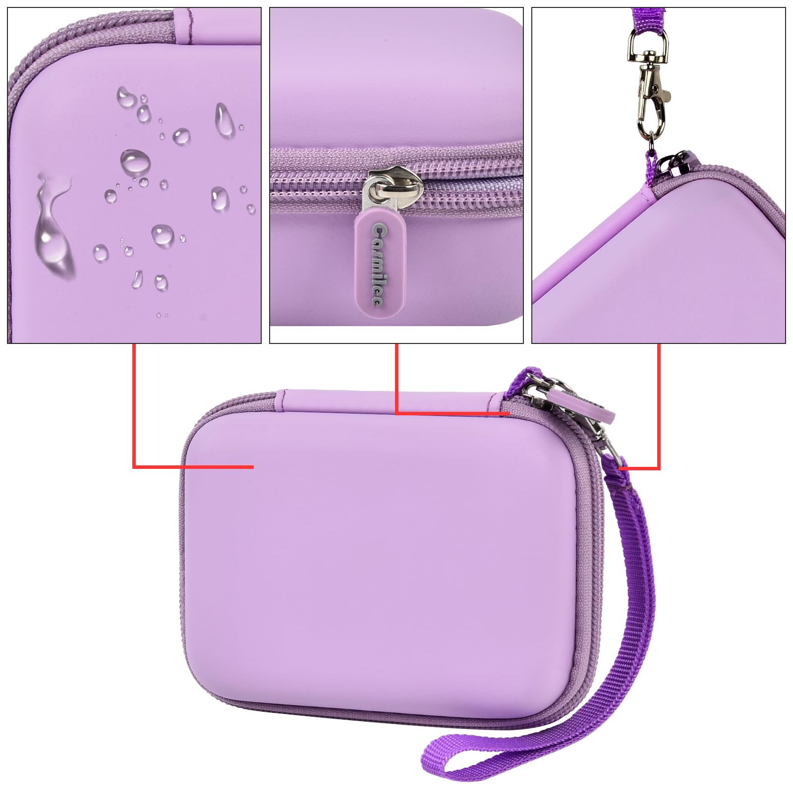 Lavender mini power bank case with protective shell, zipper, and carabiner details