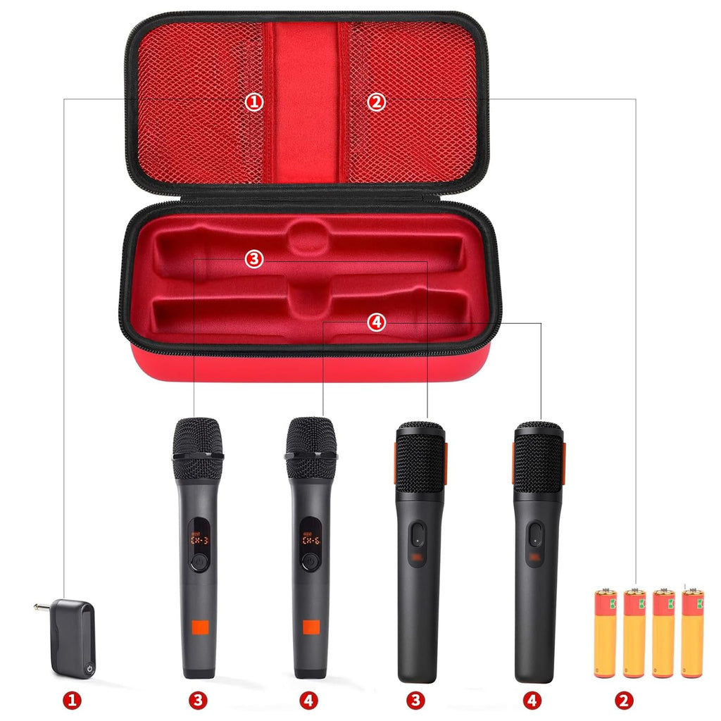 Open red JBL PartyBox wireless microphone case with dual mic compartments and battery storage