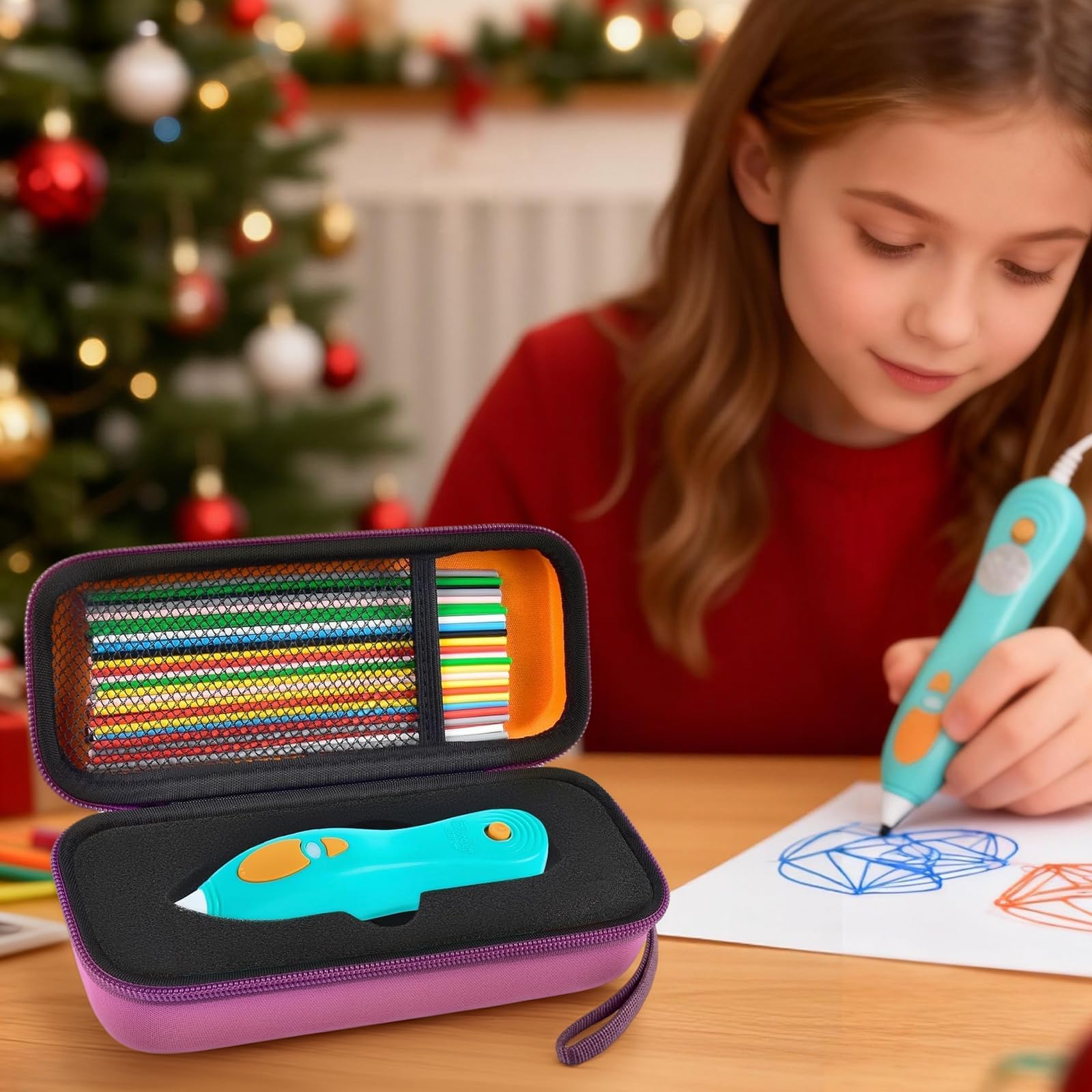 Girl using a 3D printing pen beside the open purple organizer with filaments