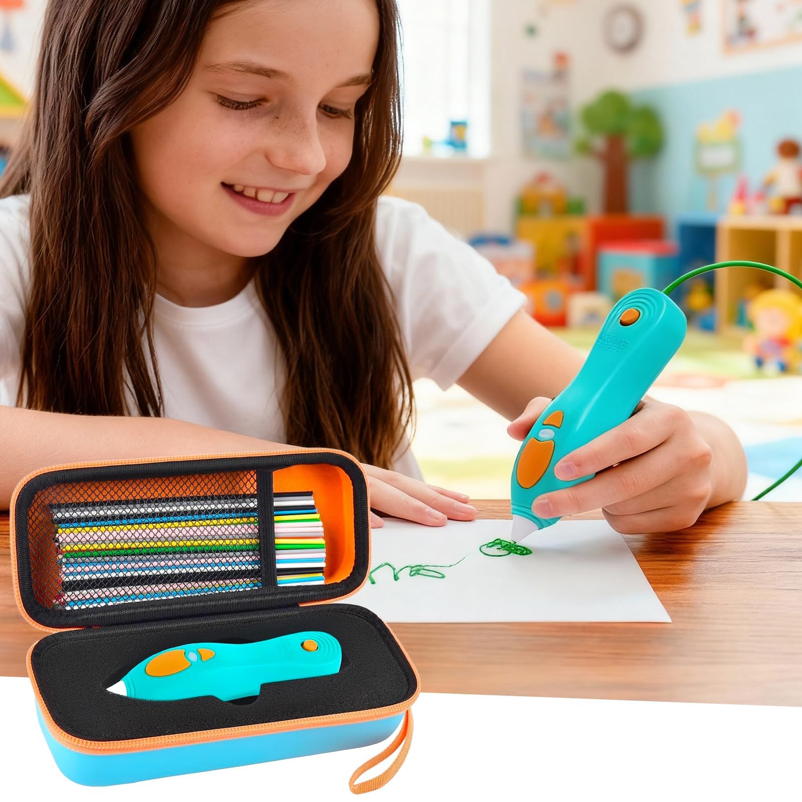 Girl using a 3D printing pen beside the open blue and orange organizer
