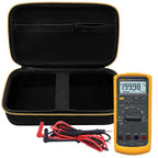 Open black and yellow carrying case fitted with a digital multimeter and test leads