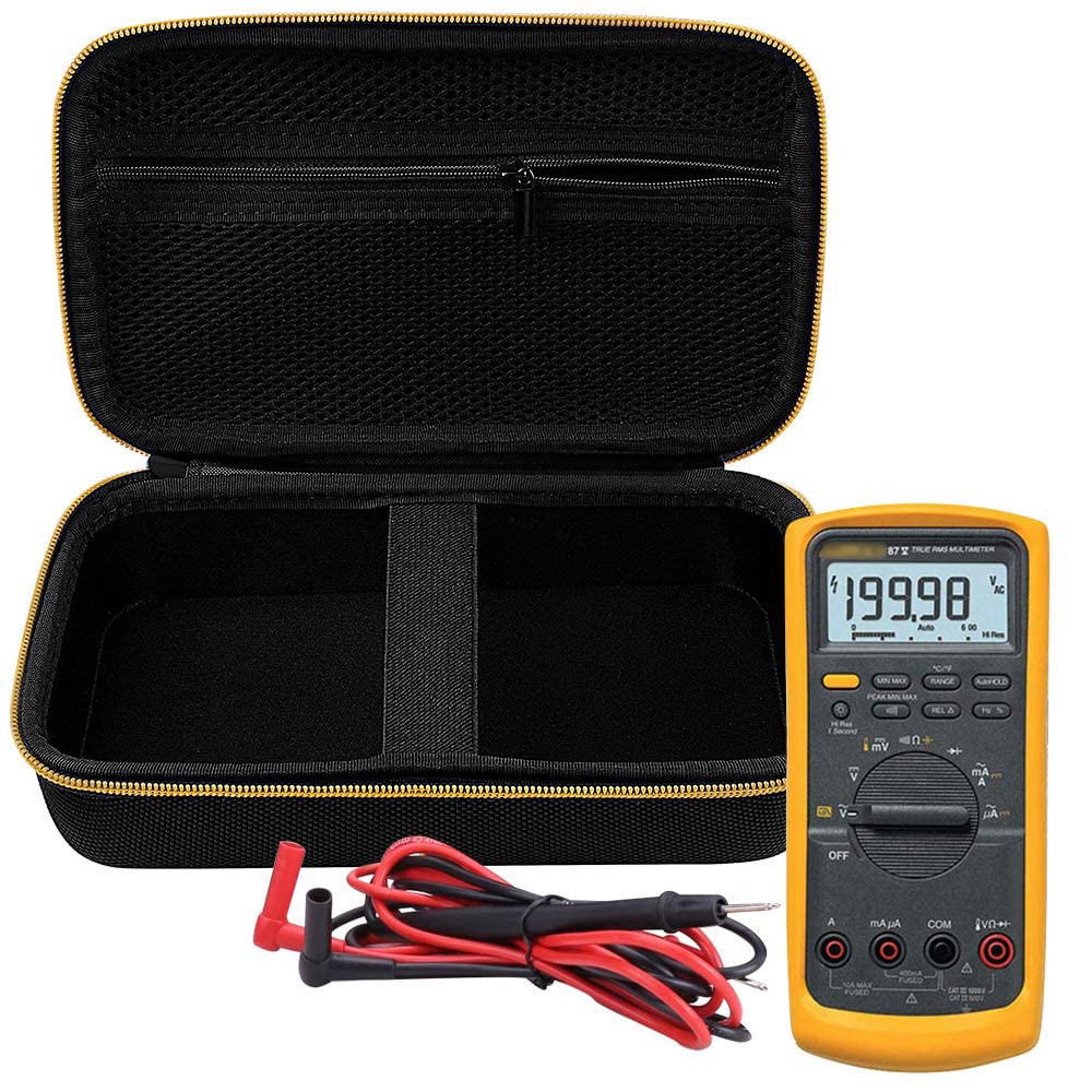 Open black and yellow carrying case fitted with a digital multimeter and test leads