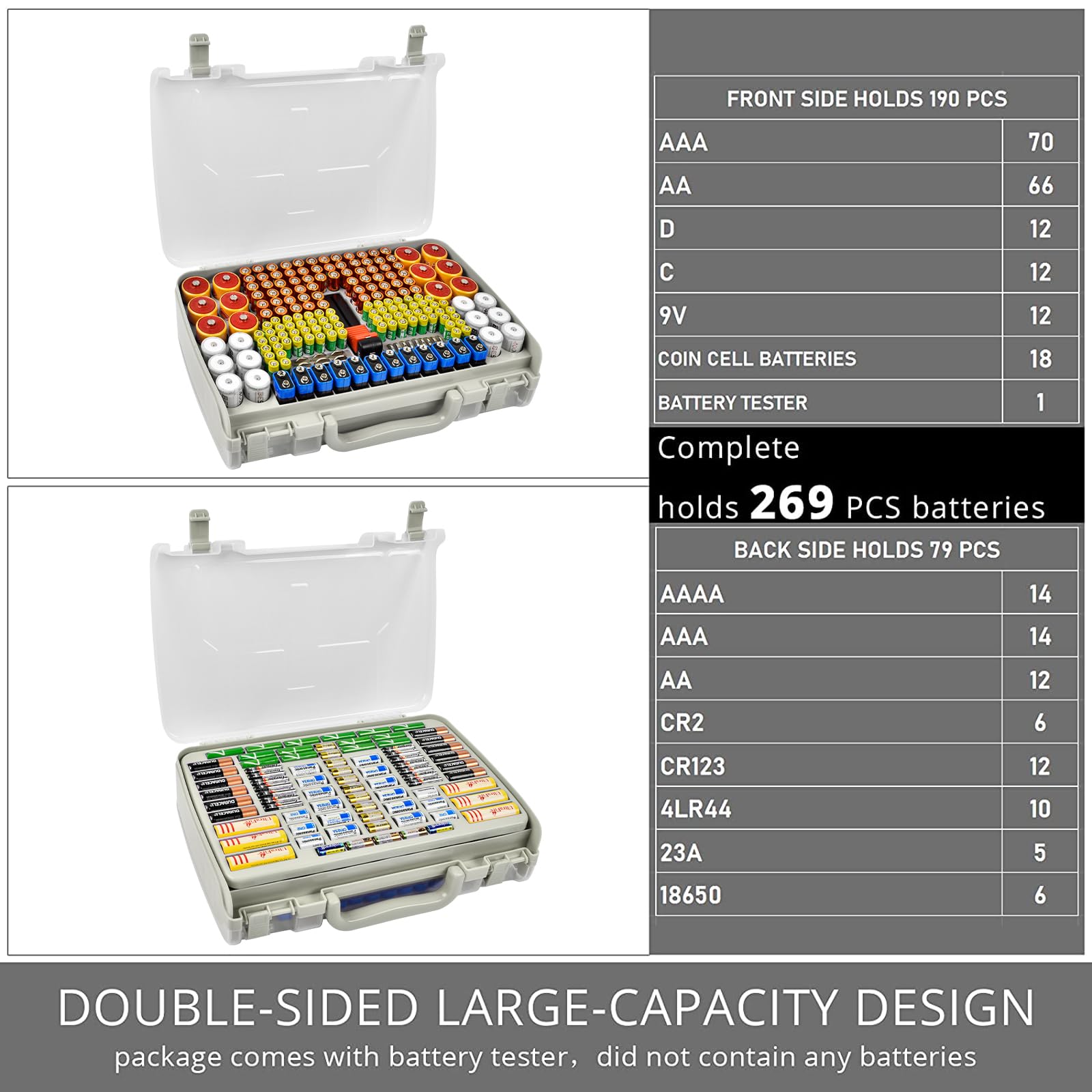 Clear gray 269-slot battery organizer case capacity chart for 269 battery slots
