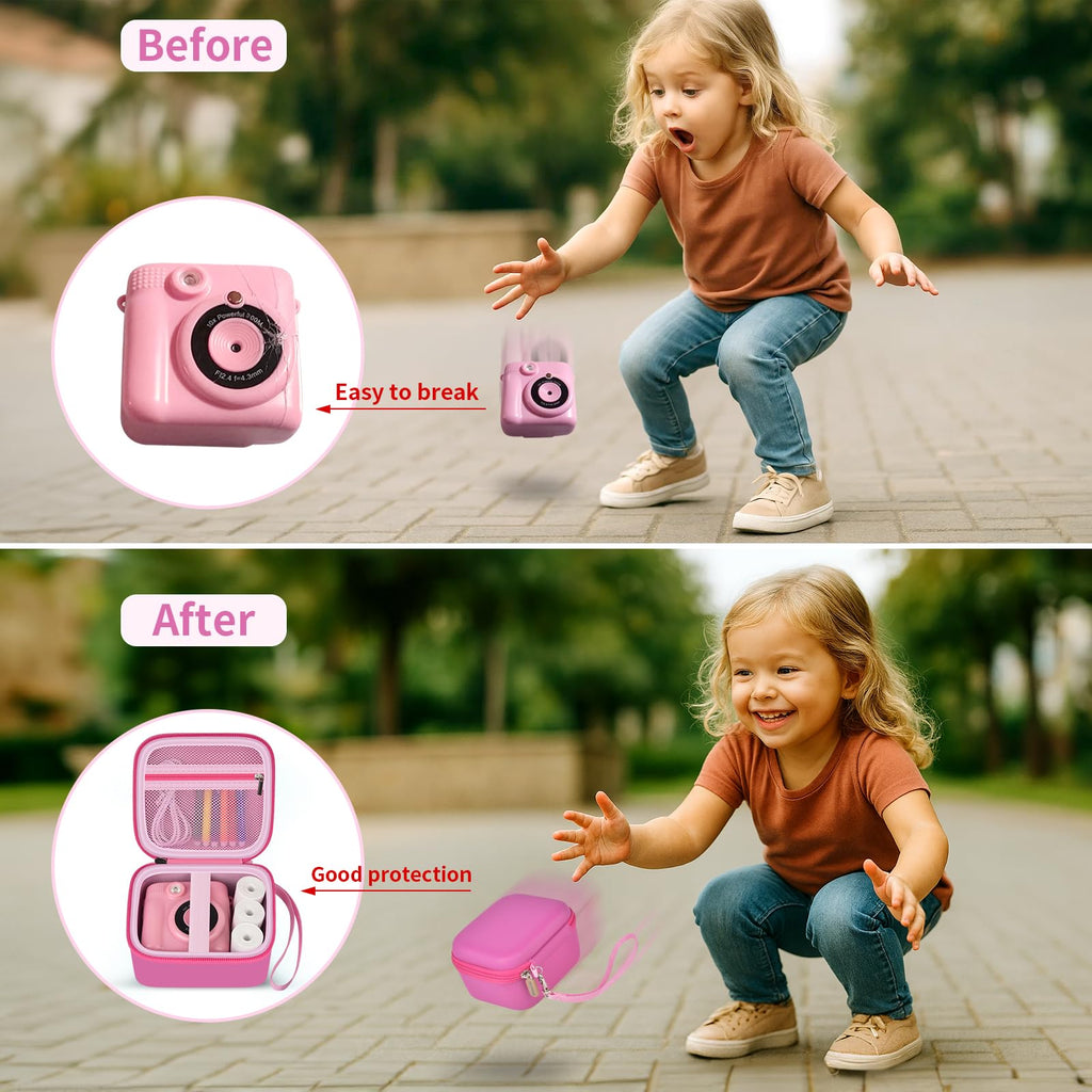 Pink bear-shaped kids instant print camera case before-and-after storage comparison