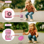 Pink bear-shaped kids instant print camera case before-and-after storage comparison