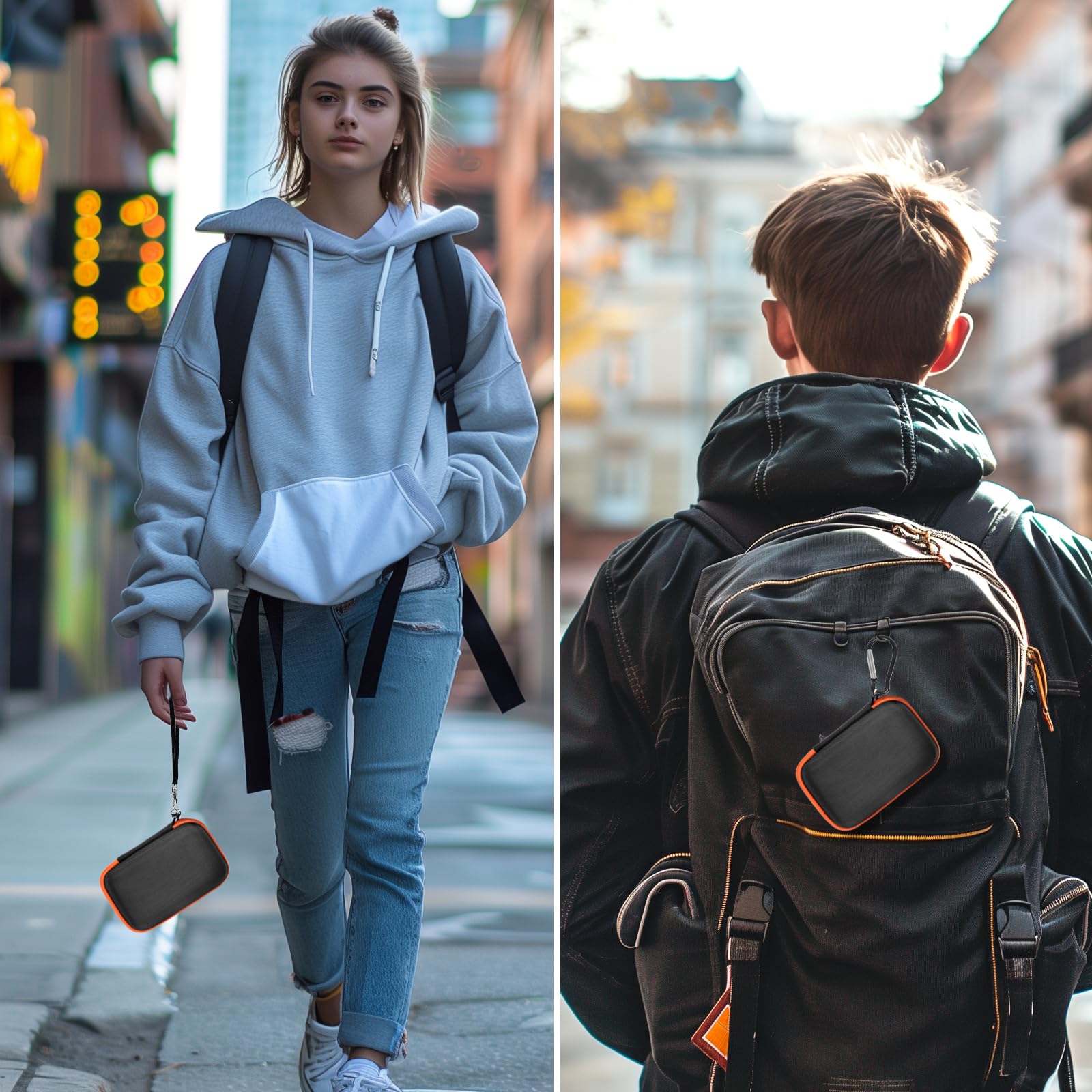 Black and orange JBL Go speaker case carried by hand and attached to a backpack