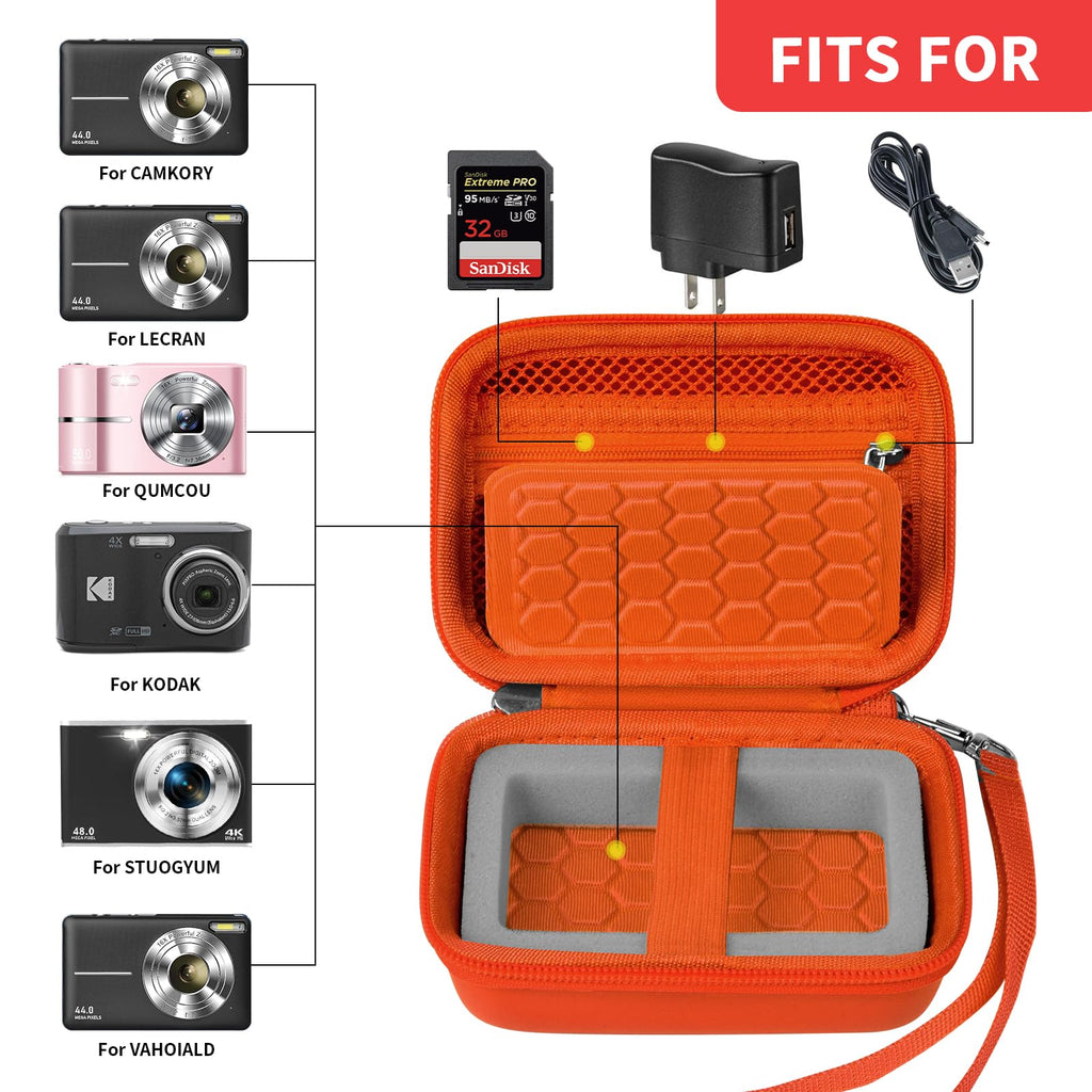 Open orange compact camera case shown with compatible Kodak, Canon, and Sony cameras