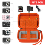 Open orange compact camera case shown with compatible Kodak, Canon, and Sony cameras