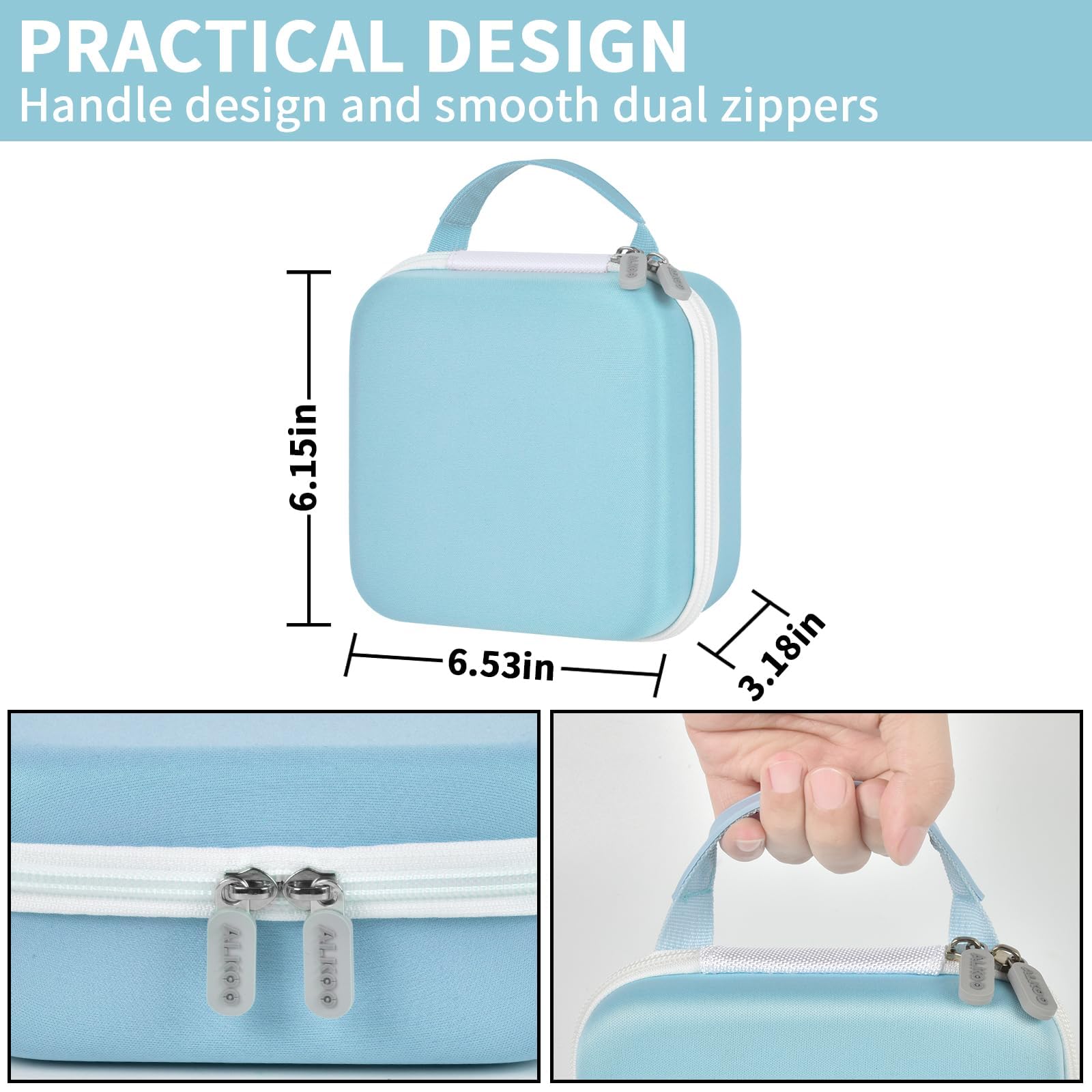 Light blue NIIMBOT label maker case dimensions with handle and dual zippers