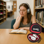 Open black and red headphone case holding folded headphones beside a reader in a library