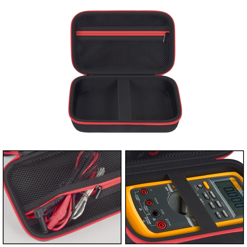 Black and red multimeter case interior with mesh pocket and padded divided compartment