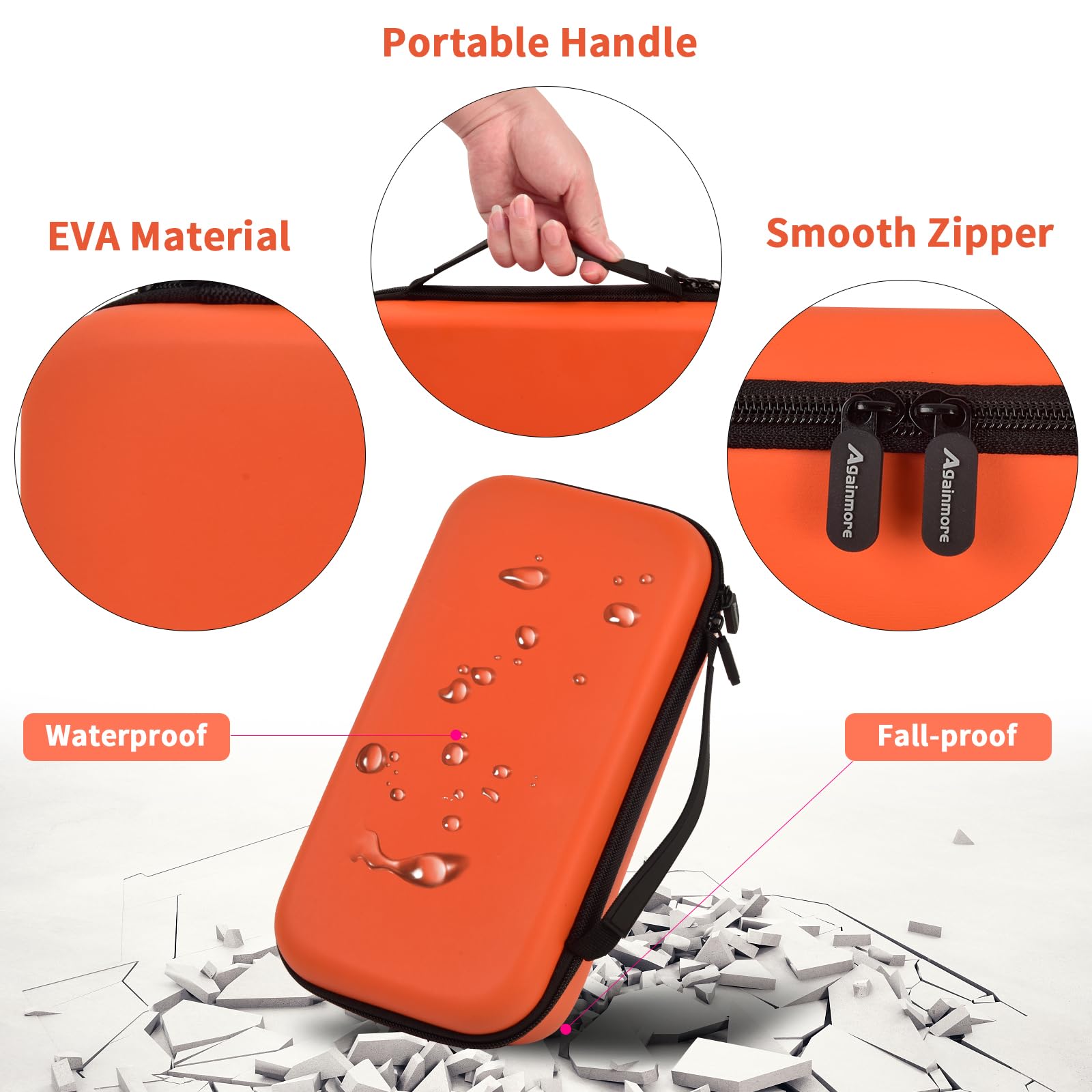 Orange dual microphone case with EVA shell, portable handle, smooth zipper, and water-resistant protection