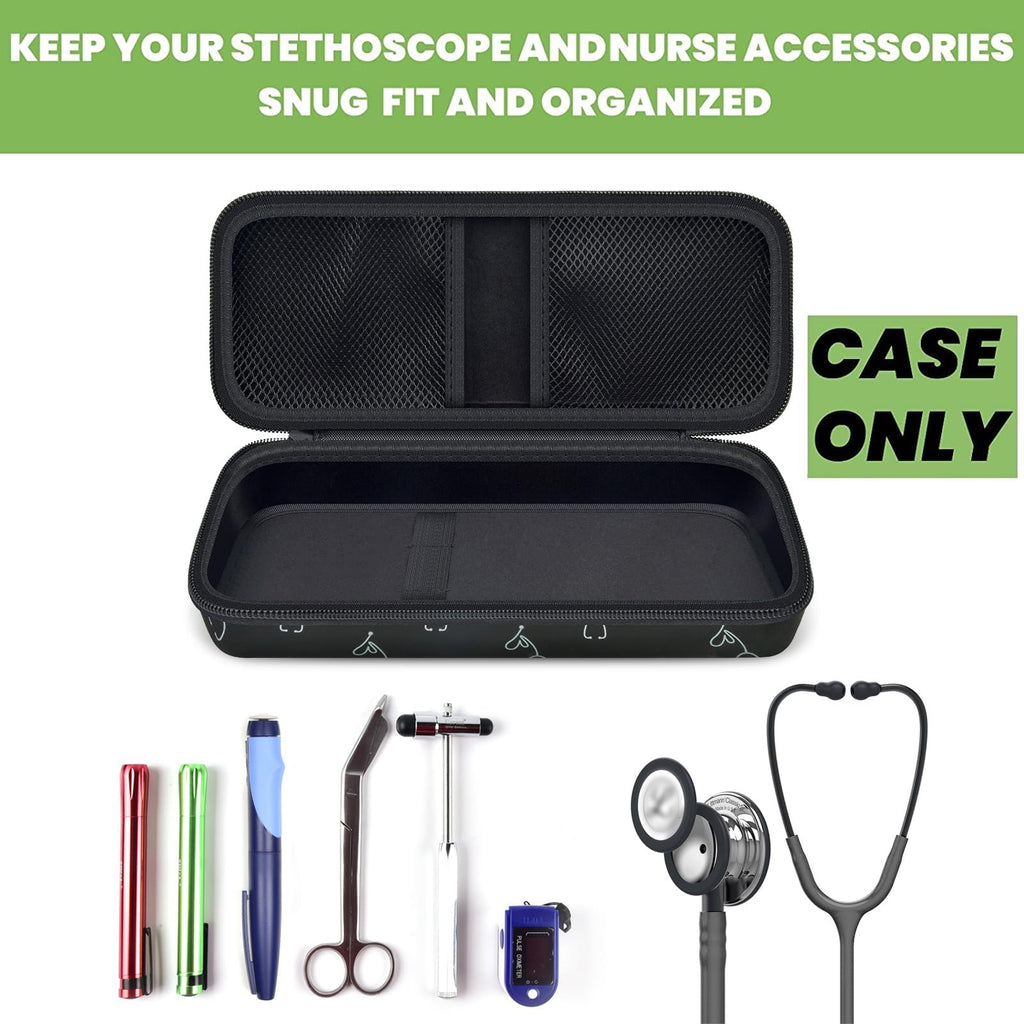 Open black patterned hard stethoscope case with organized compartments for medical accessories