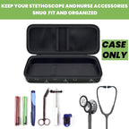 Open black patterned hard stethoscope case with organized compartments for medical accessories