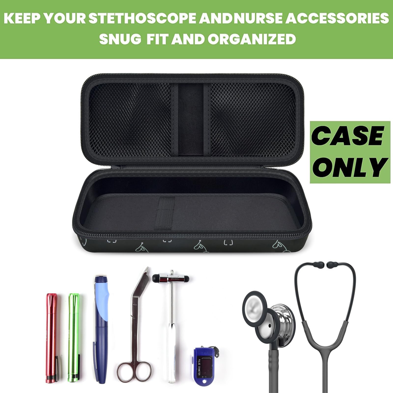 Open black patterned hard stethoscope case with organized compartments for medical accessories