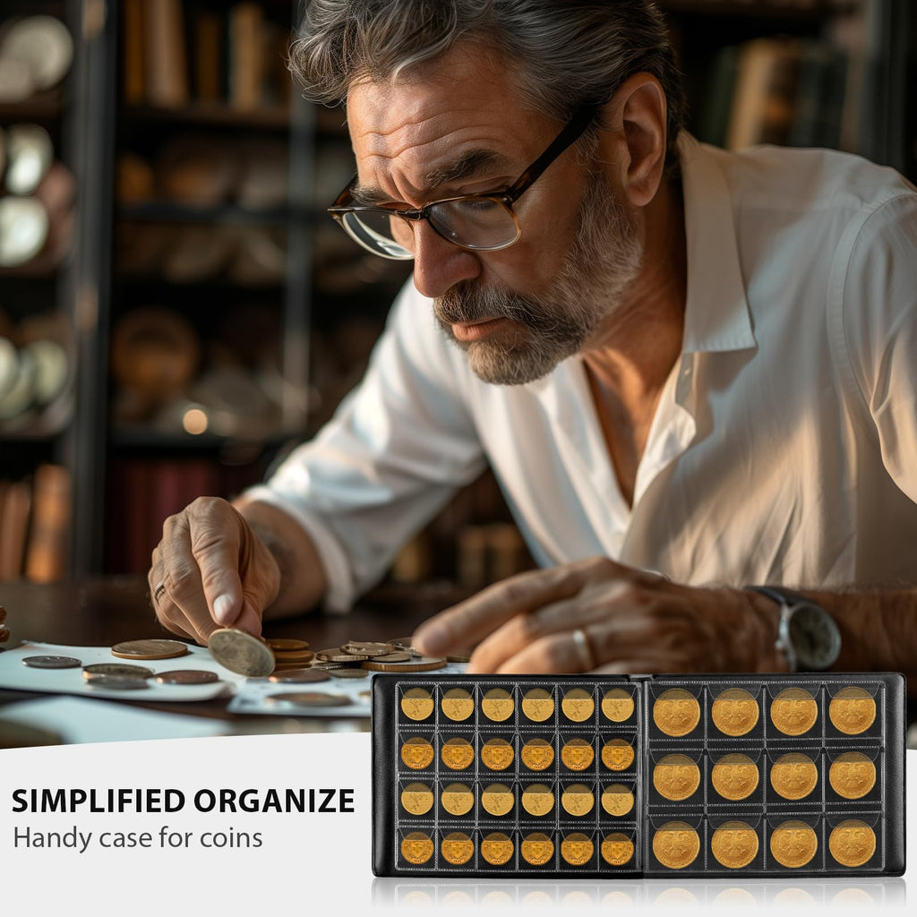 Coin collector organizing a mixed collection inside the burgundy 300-pocket album