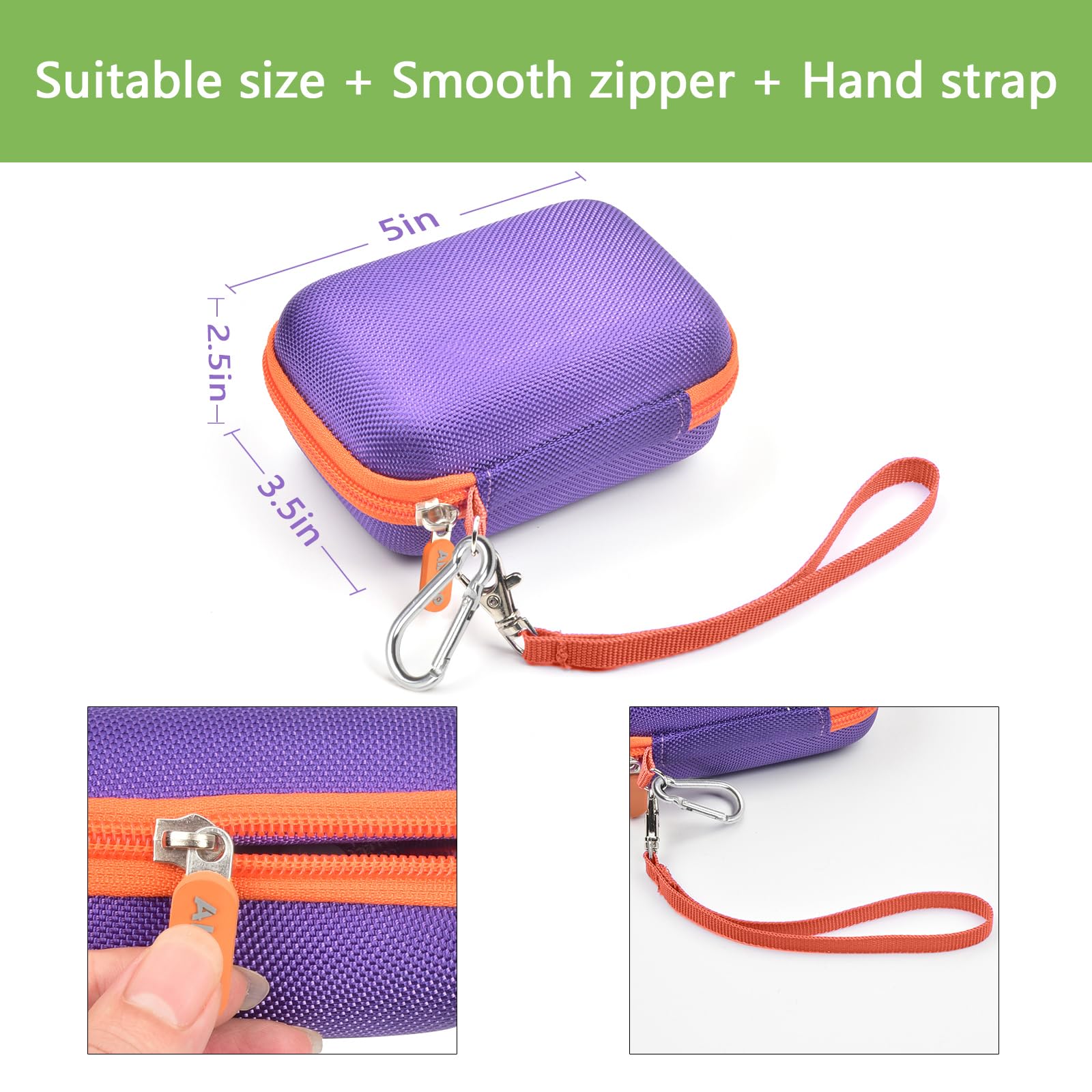 Purple and orange JBL Go speaker case dimensions with smooth zipper and detachable hand strap