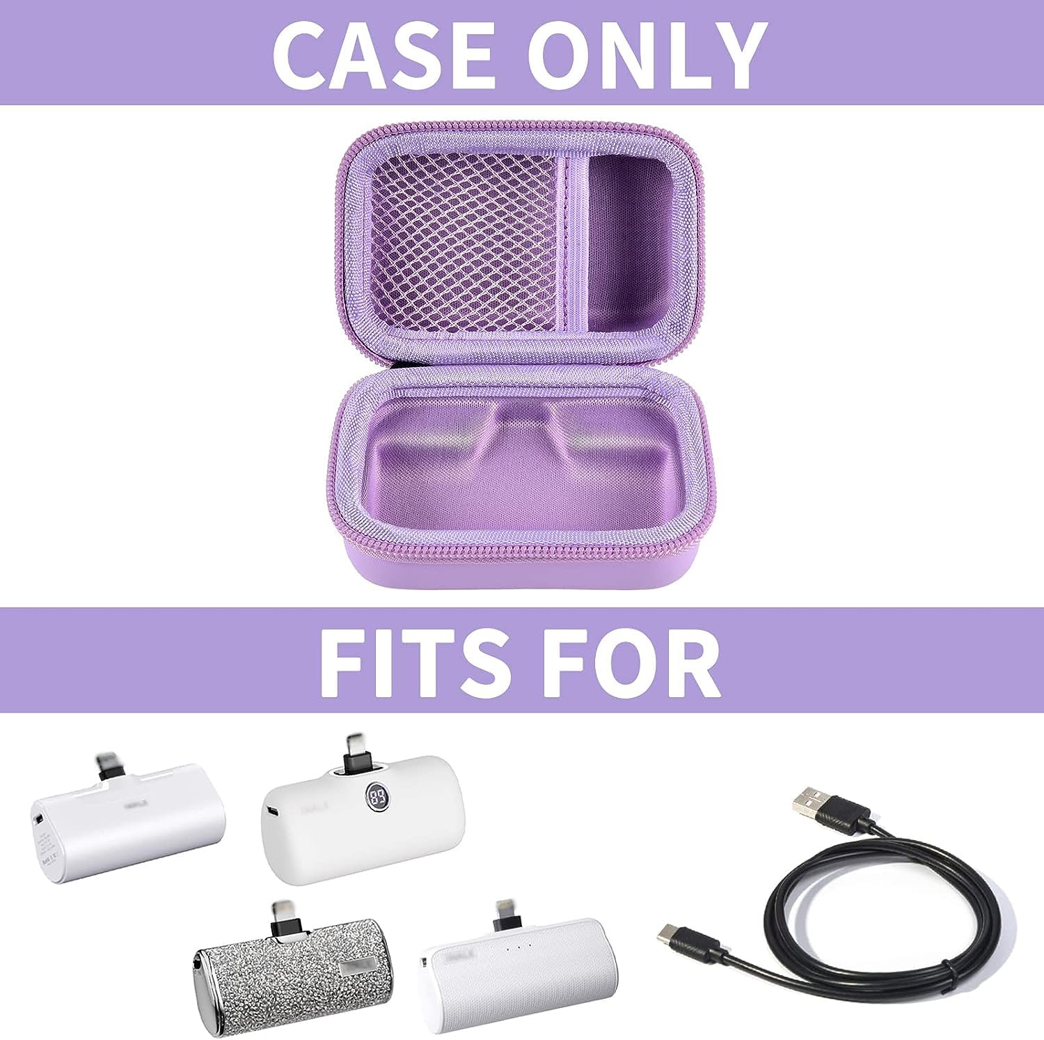 Open purple mini power bank case shown with compatible portable chargers; case only