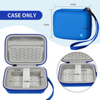 Open blue camera case with internal dimensions and wrist strap; case only