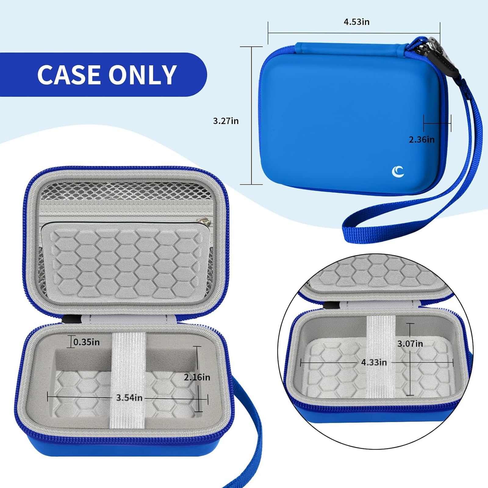 Open blue camera case with internal dimensions and wrist strap; case only