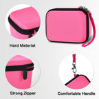 Hot pink camera case with hard EVA shell, strong zipper, and carrying strap