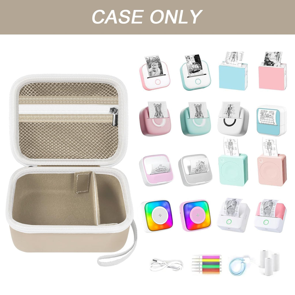 Open beige mini label printer case shown with compatible Memoking and Phomemo printers; case only