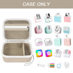 Open beige mini label printer case shown with compatible Memoking and Phomemo printers; case only